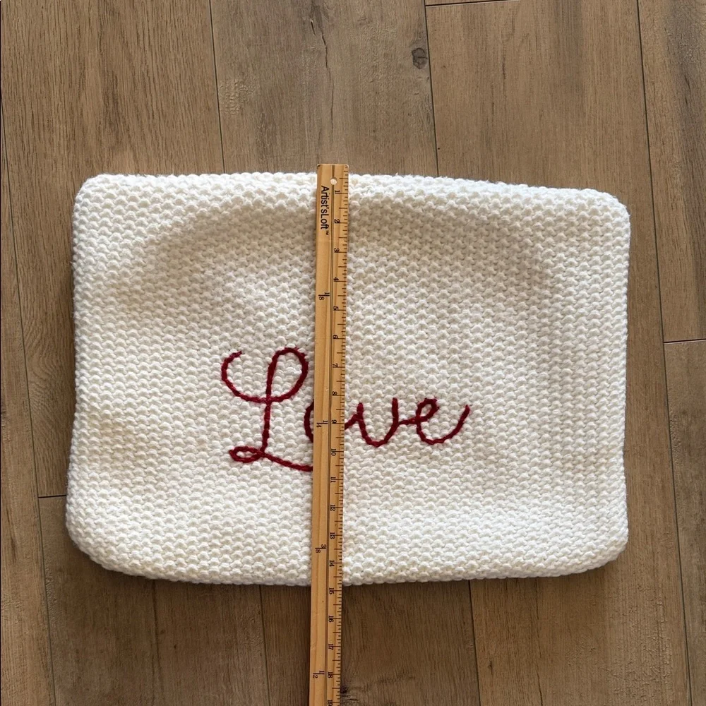 Pottery Barn White Knitted Pillow Cover with Red 'Love' Embroidery 20